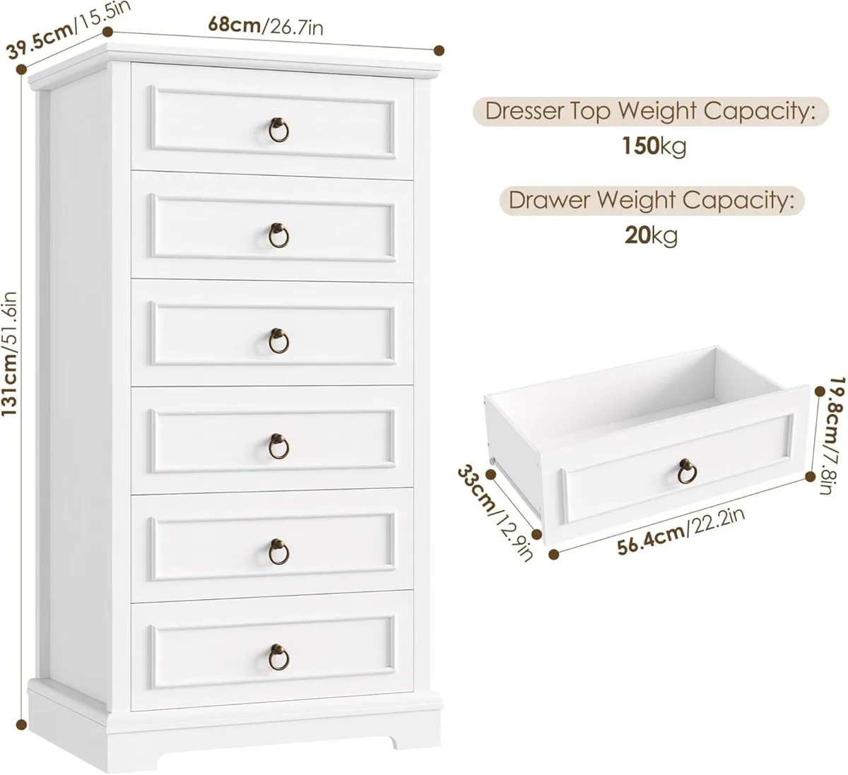 Chest of Drawers Bedroom 131CM Tall Dresser - Image 2