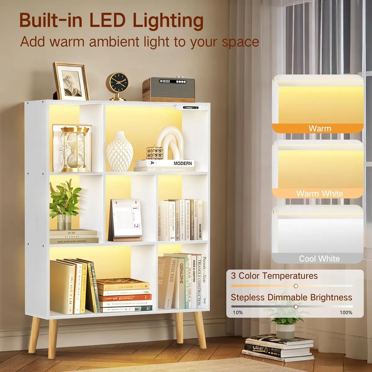 7-Cube Bookshelf with LED Lights Touch Remote - Image 2