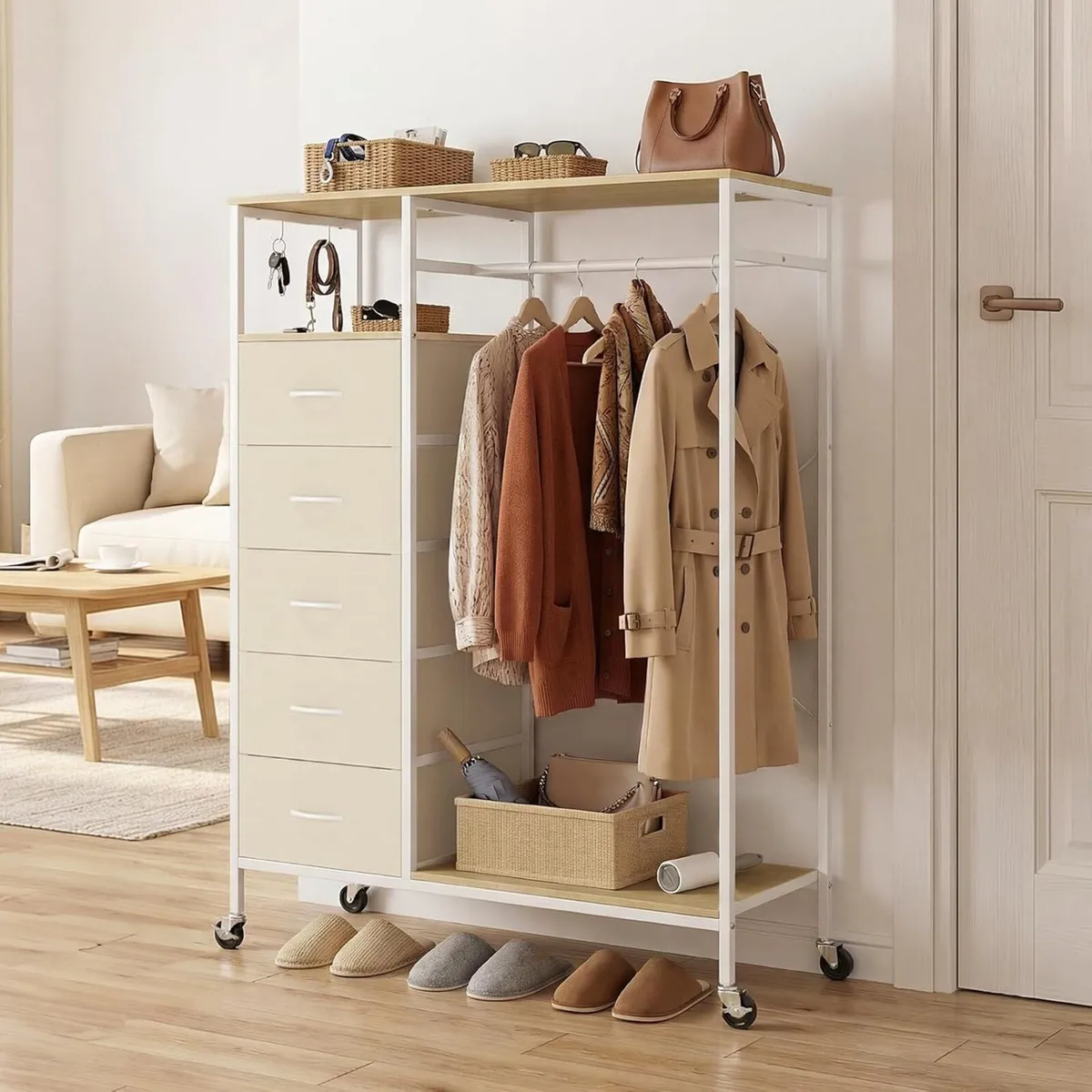 Rolling Coat Rack with 5 Drawers Mobile Closet - Image 2