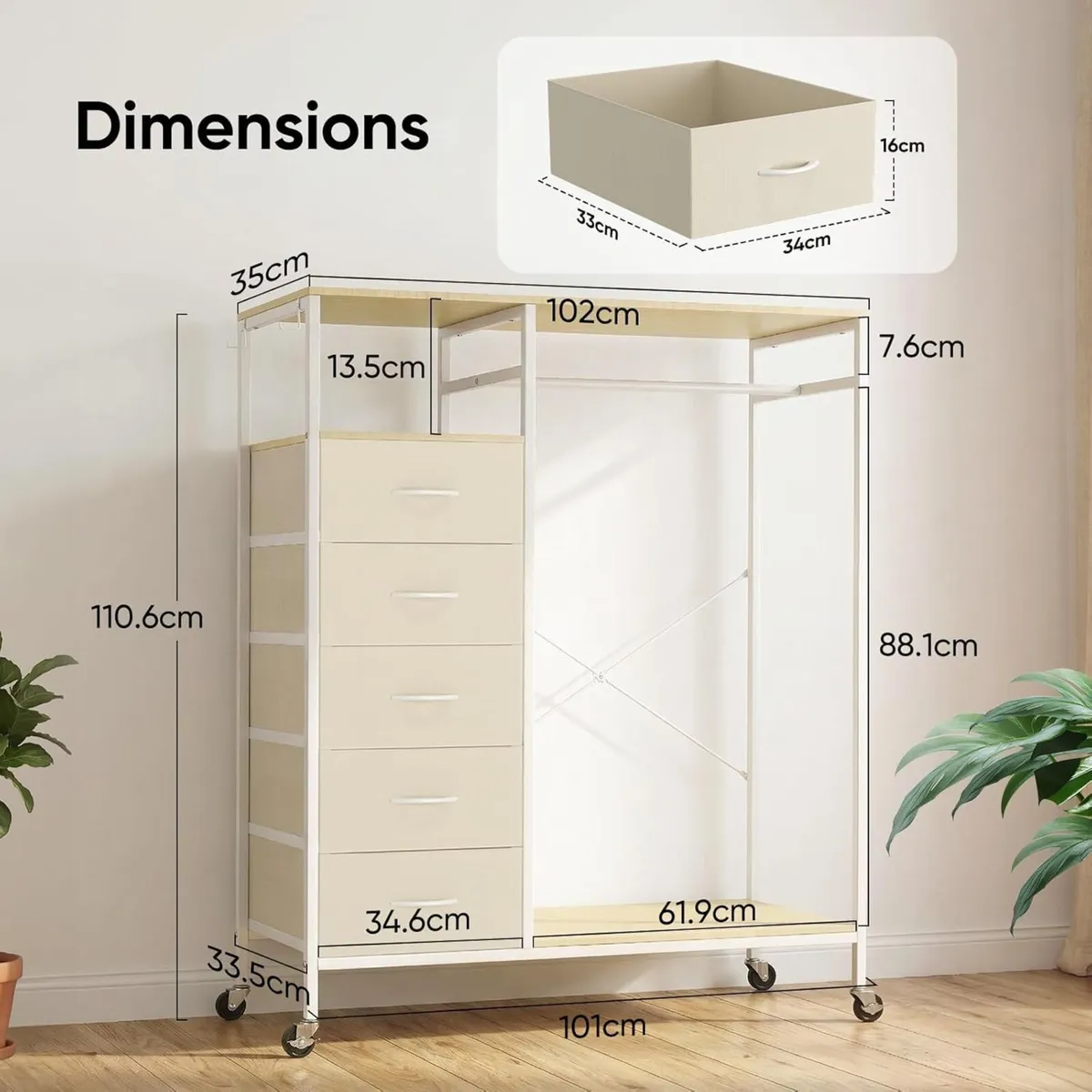 Rolling Coat Rack with 5 Drawers Mobile Closet - Image 3