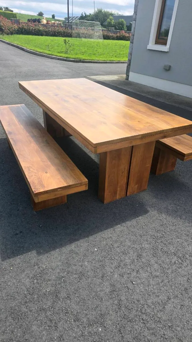 2.2 metre solid walnut dining table and 2 benches - Image 1