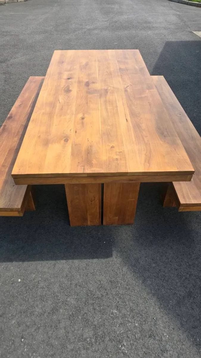 2.2 metre solid walnut dining table and 2 benches - Image 2