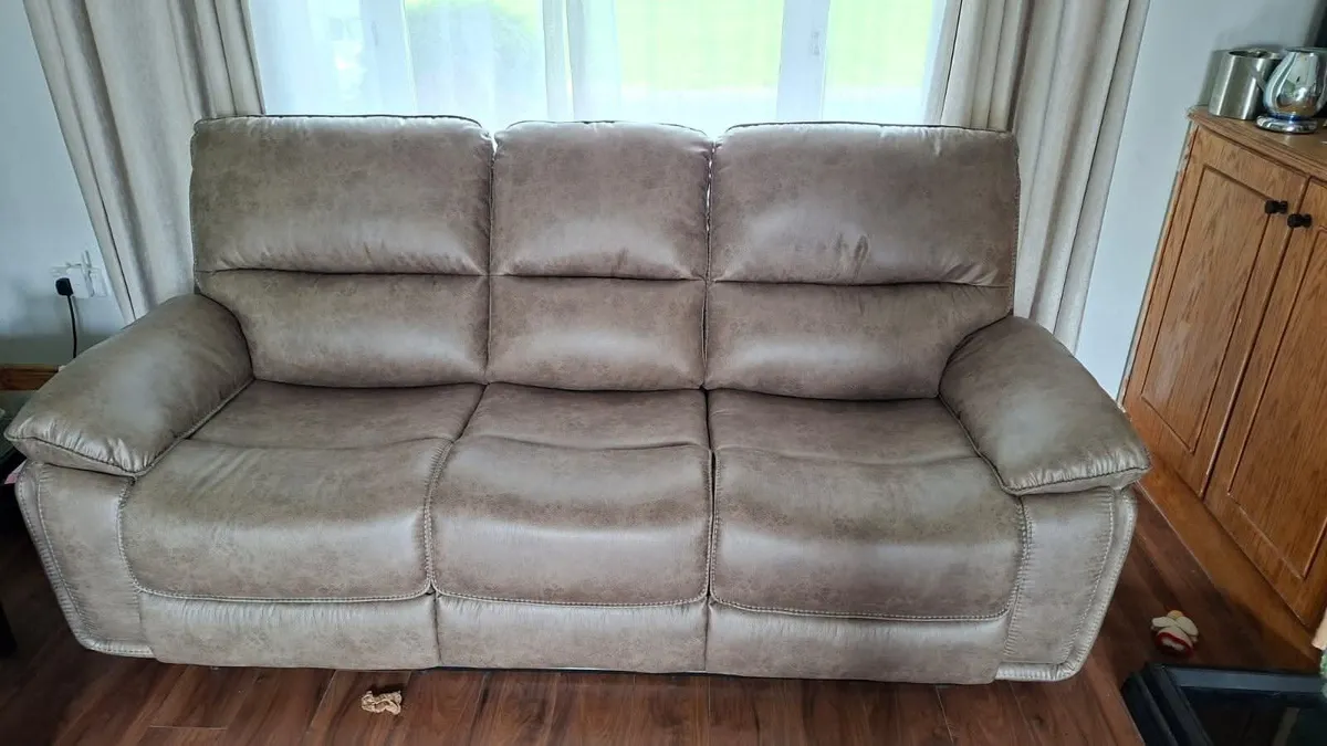 Oxford Grey & Brown Suede Fabric Recliner Sofa - Image 3