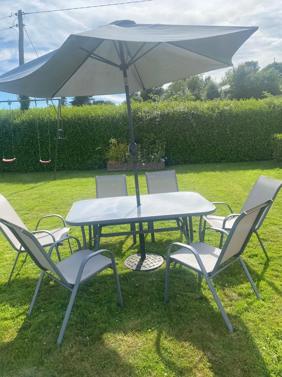 Large Glass Top Garden Table, 6 Chairs & Parasol - Image 1