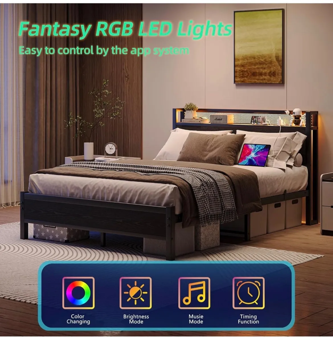 King Size Bed Frame with Storage,LED Lights,5ft Me - Image 4