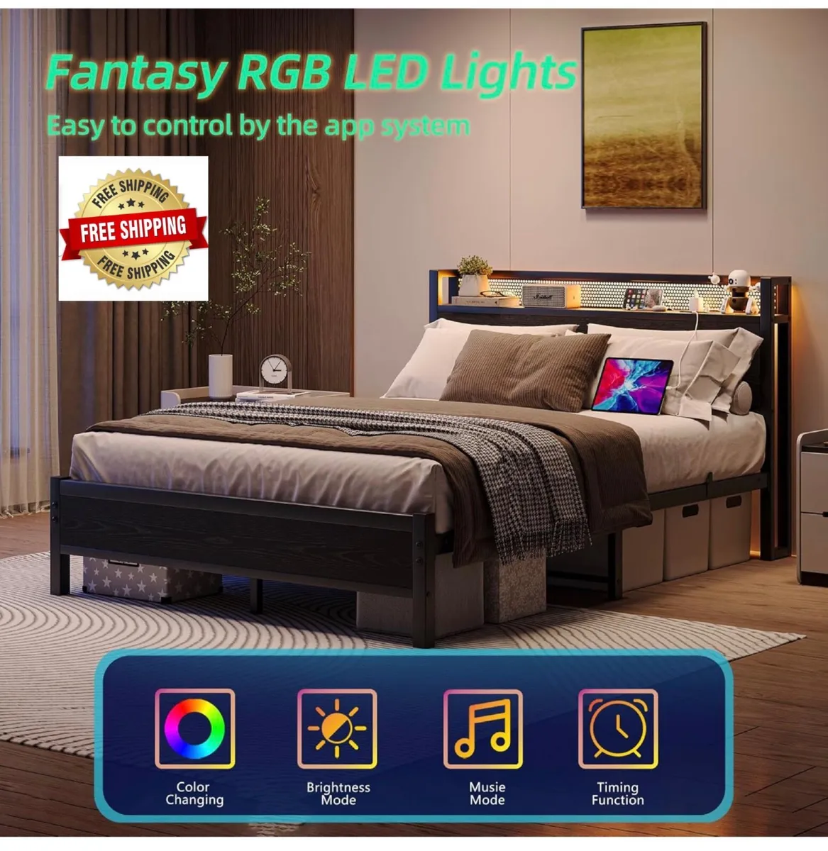 King Size Bed Frame with Storage,LED Lights,5ft Me - Image 1
