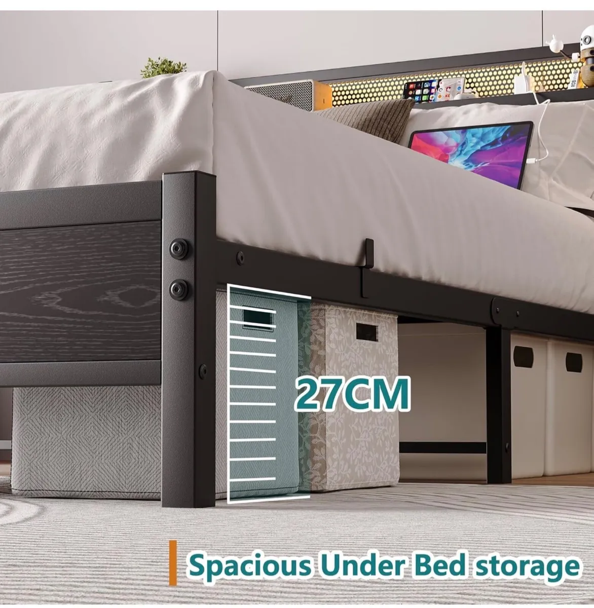 King Size Bed Frame with Storage,LED Lights,5ft Me - Image 4