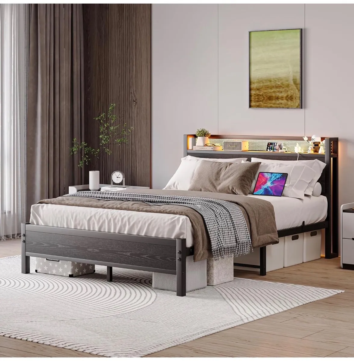 King Size Bed Frame with Storage,LED Lights,5ft Me - Image 2