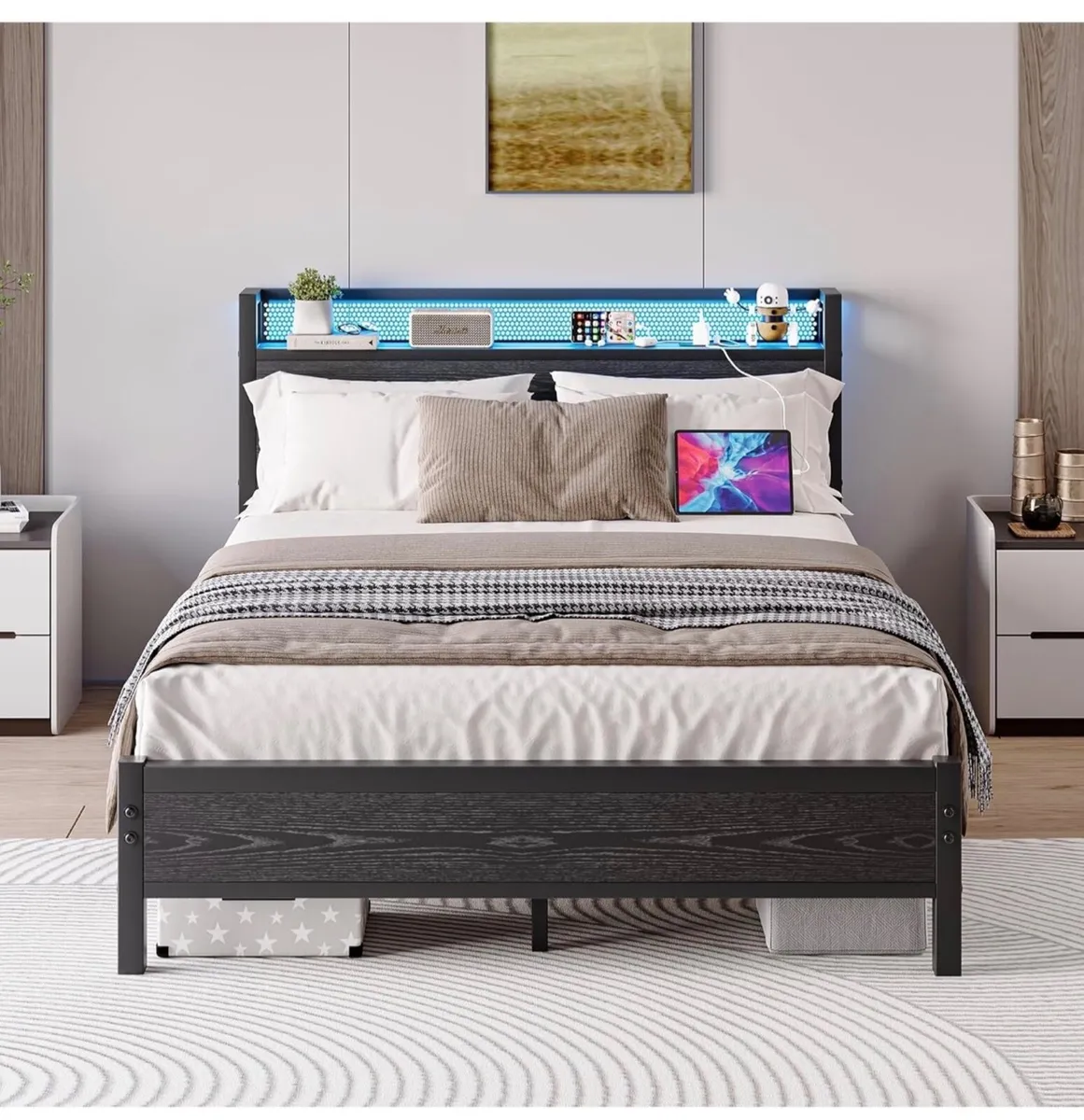 King Size Bed Frame with Storage,LED Lights,5ft Me - Image 1