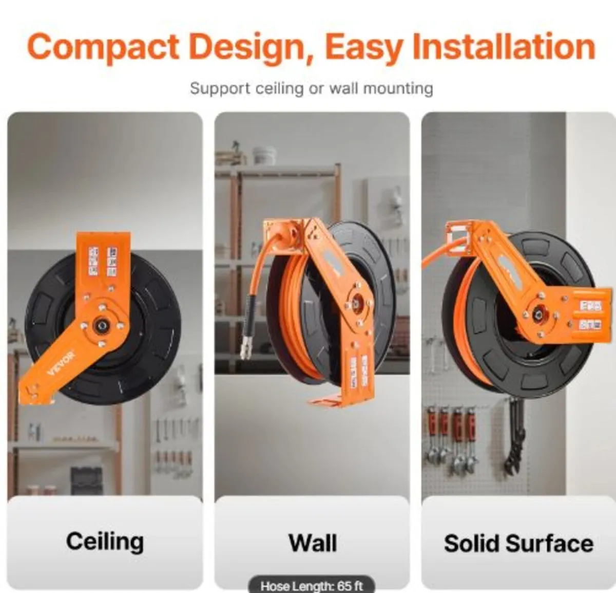 Retractable Air Hose Reel, 3/8 IN x 65 FT Hybrid - Image 4