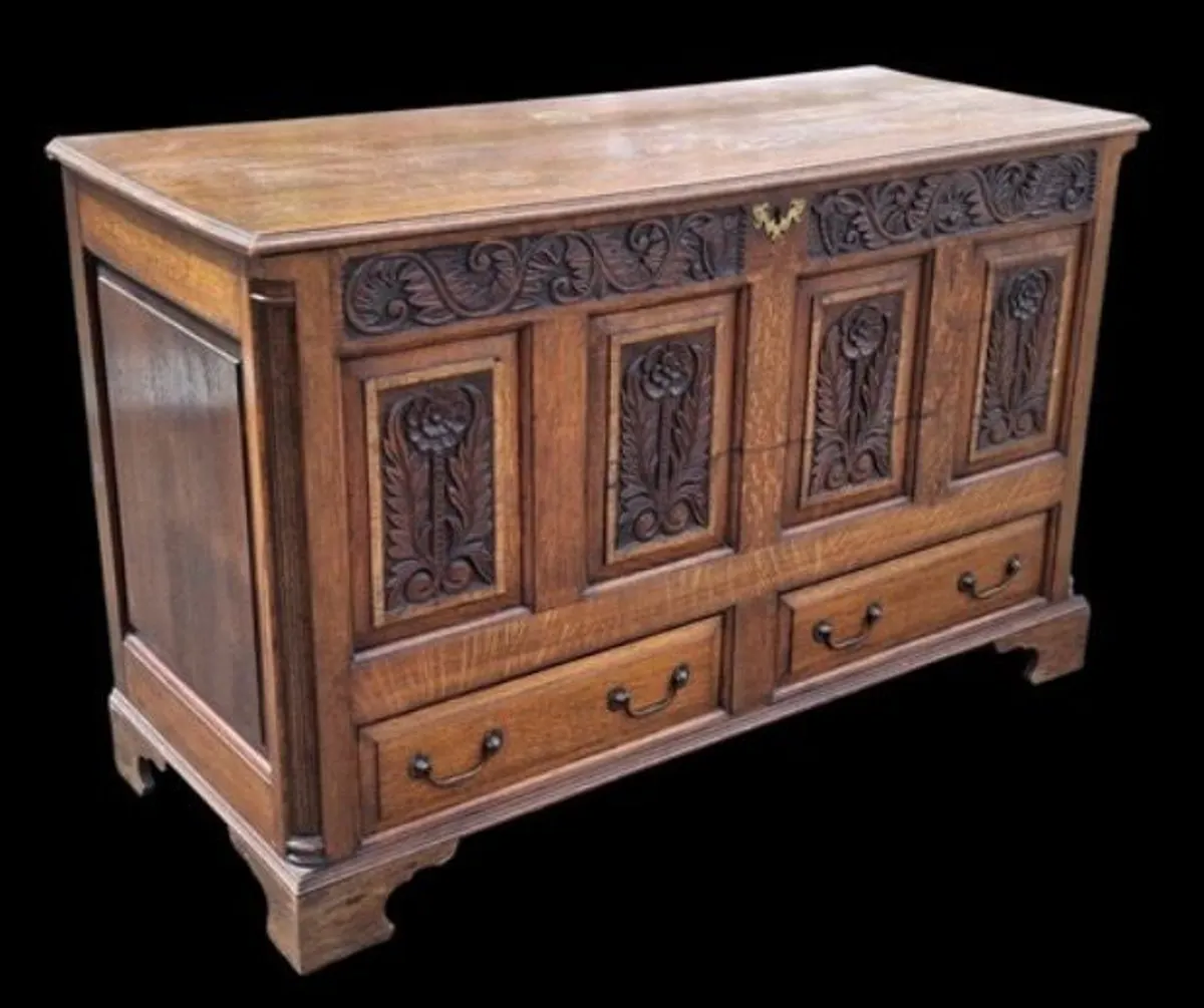 Jacobean Revival Carved Oak Coffer. - Image 1
