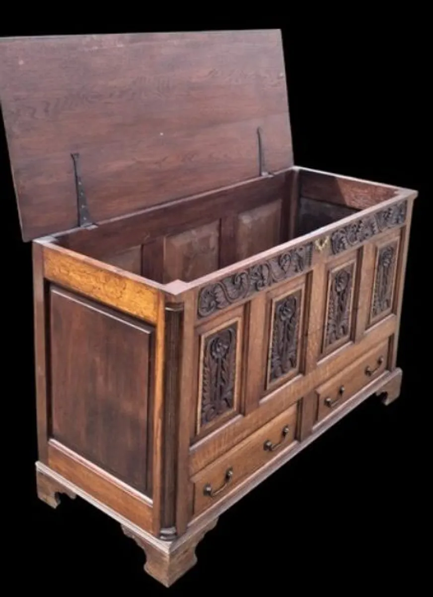 Jacobean Revival Carved Oak Coffer. - Image 3