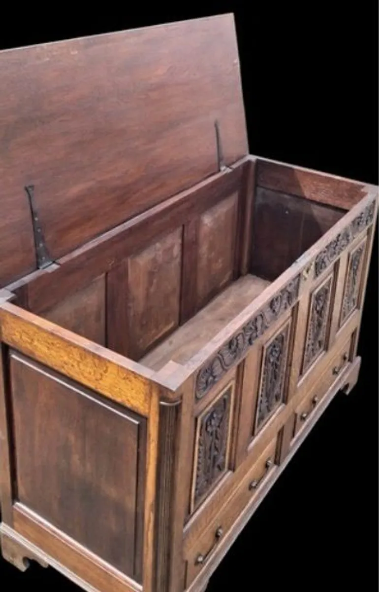 Jacobean Revival Carved Oak Coffer. - Image 4