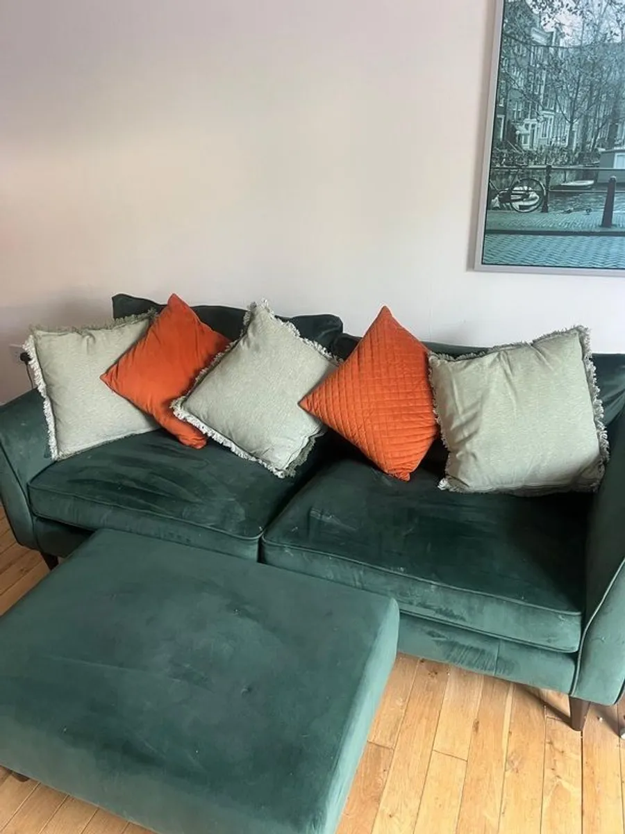 Bottle Green Suade Couch & Large Foot Stoll - Image 1