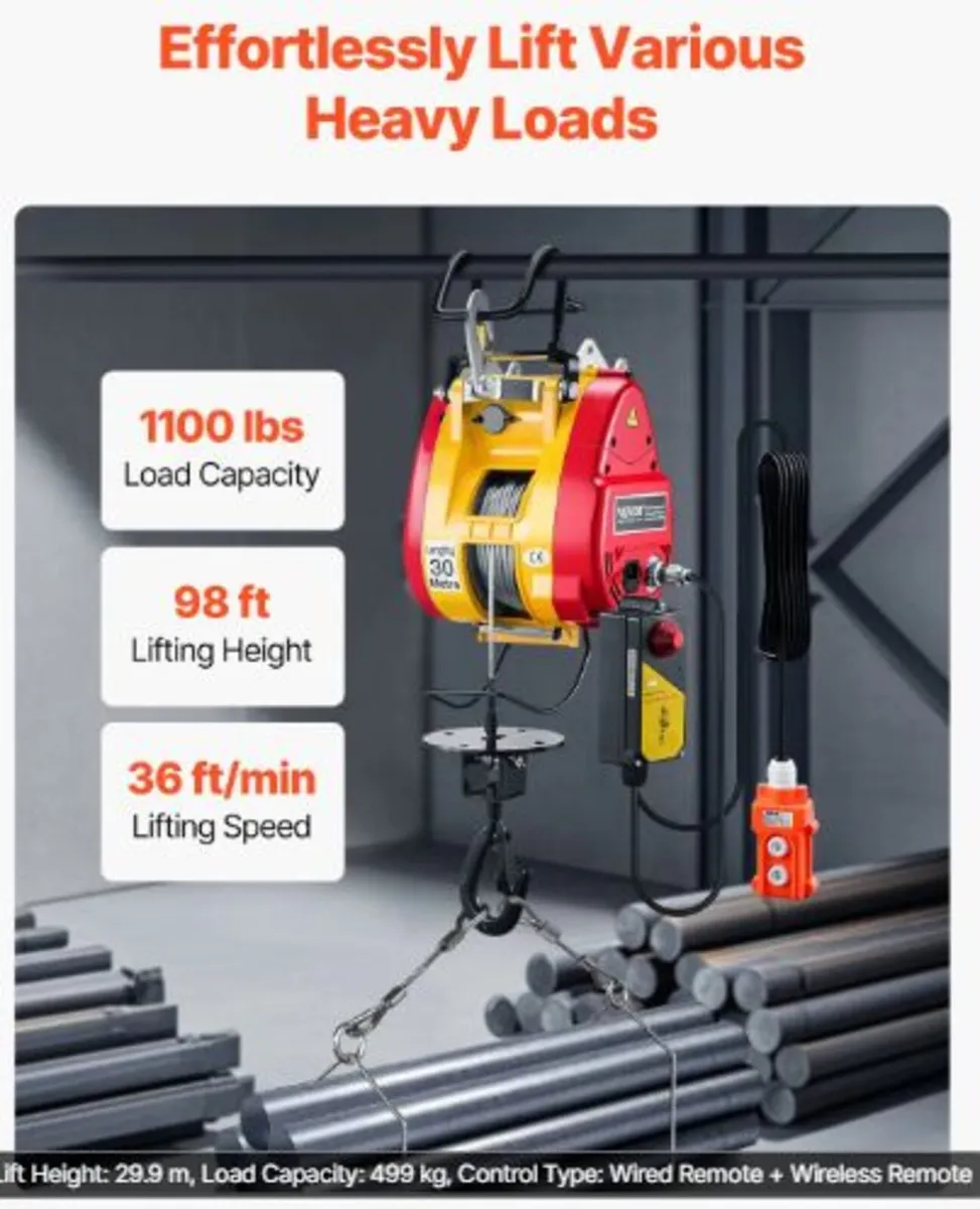 2-in-1 Electric Hoist Winch, 1100 lbs Capacity, - Image 2