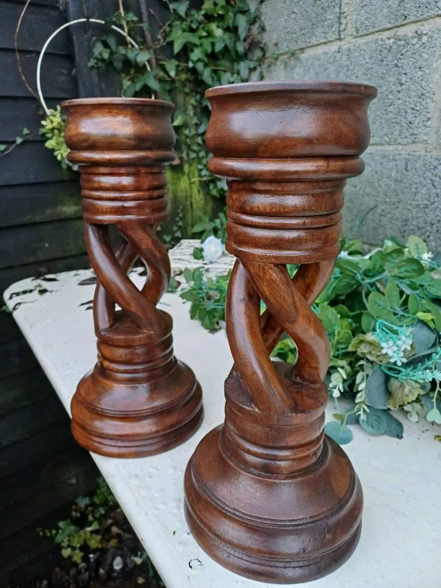 Large Vintage Open Twist Handcarved Candlesticks - Image 1