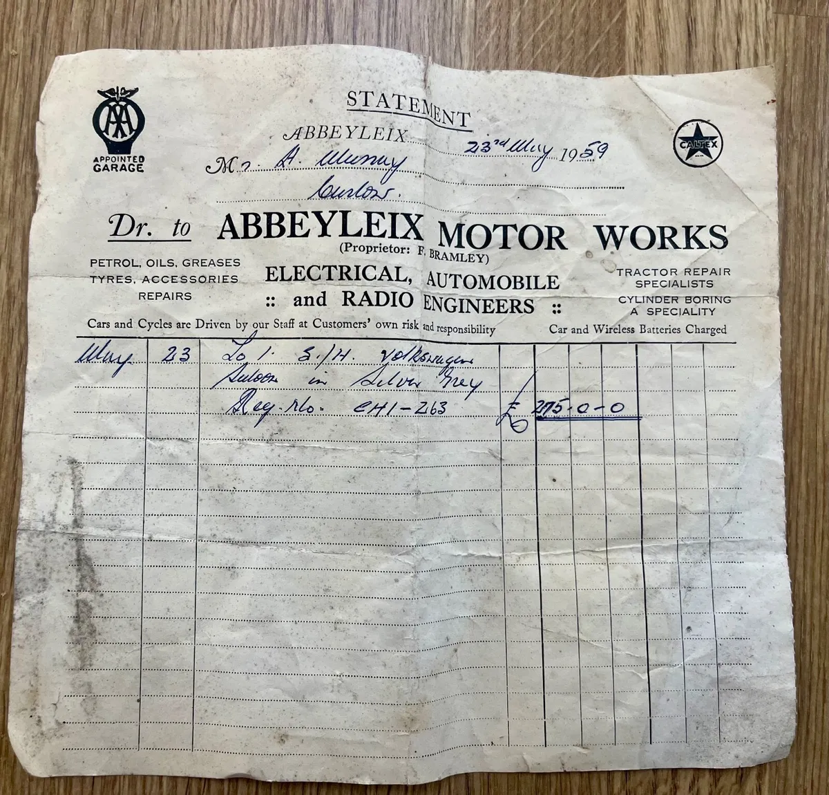 Abbeyleix Motor works receipt 1959