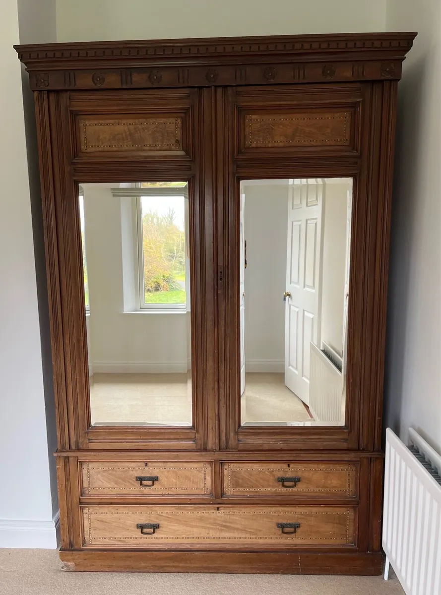 Antique Edwardian Walnut Mirrored Wardrobe