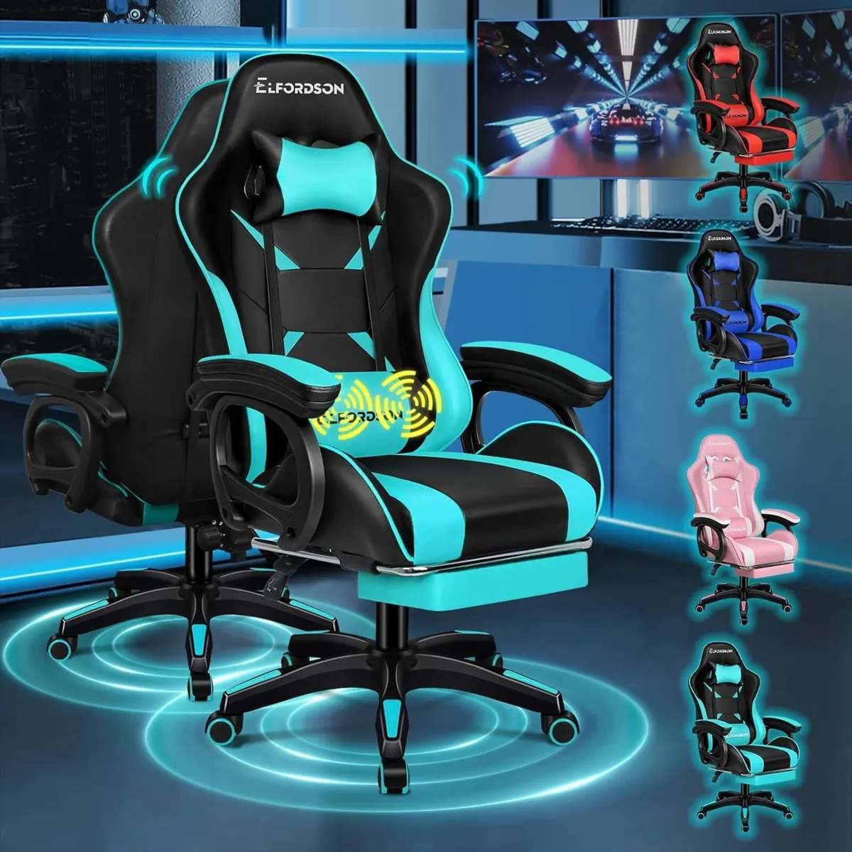 Gaming Chair with 2-Point Massage Lumbar Cushion - Image 1