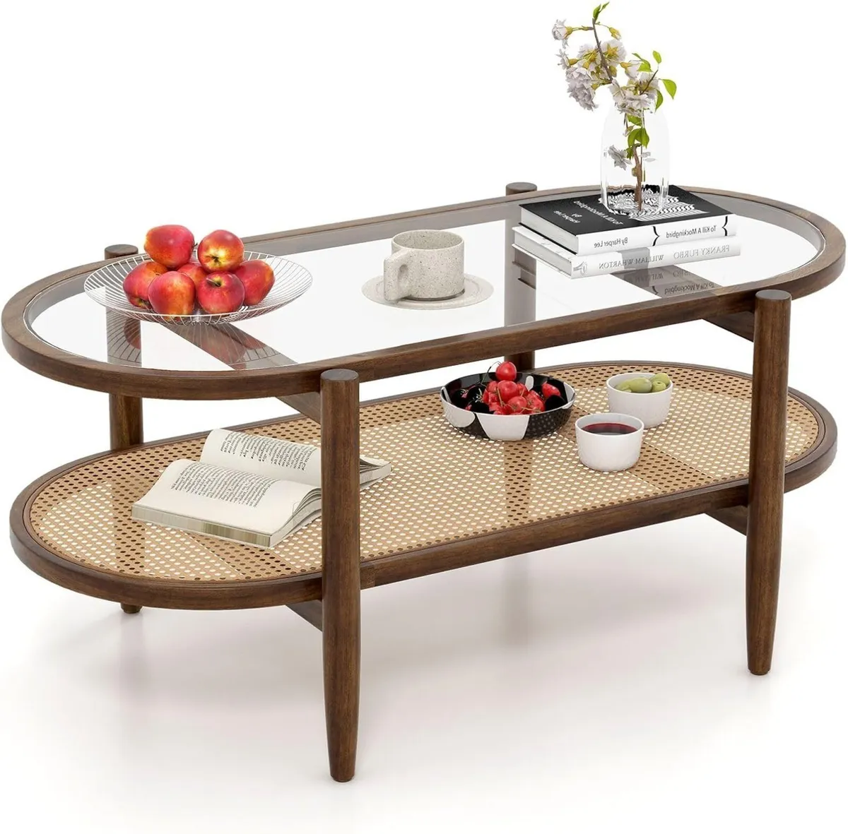 Coffee Table 2-Tier Tempered Glass Tea with Acacia - Image 1