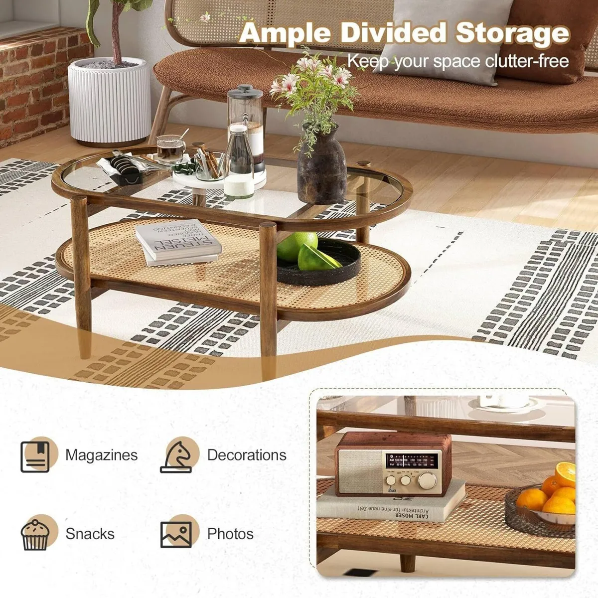 Coffee Table 2-Tier Tempered Glass Tea with Acacia - Image 4