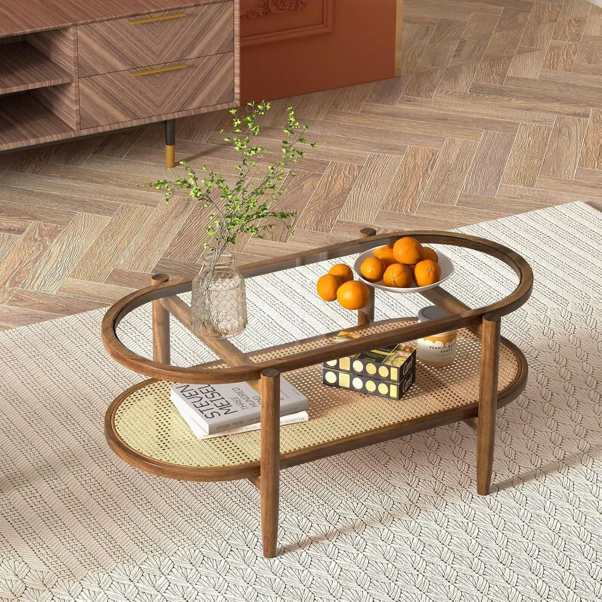 Coffee Table 2-Tier Tempered Glass Tea with Acacia - Image 2