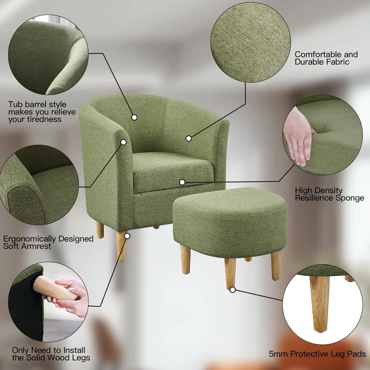 Modern Tub Chair and Footstool Set Comfy Accent - Image 4