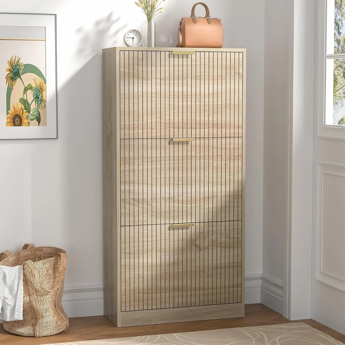 Wood Shoe Storage Cabinet with 3 Flip Drawers - Image 1