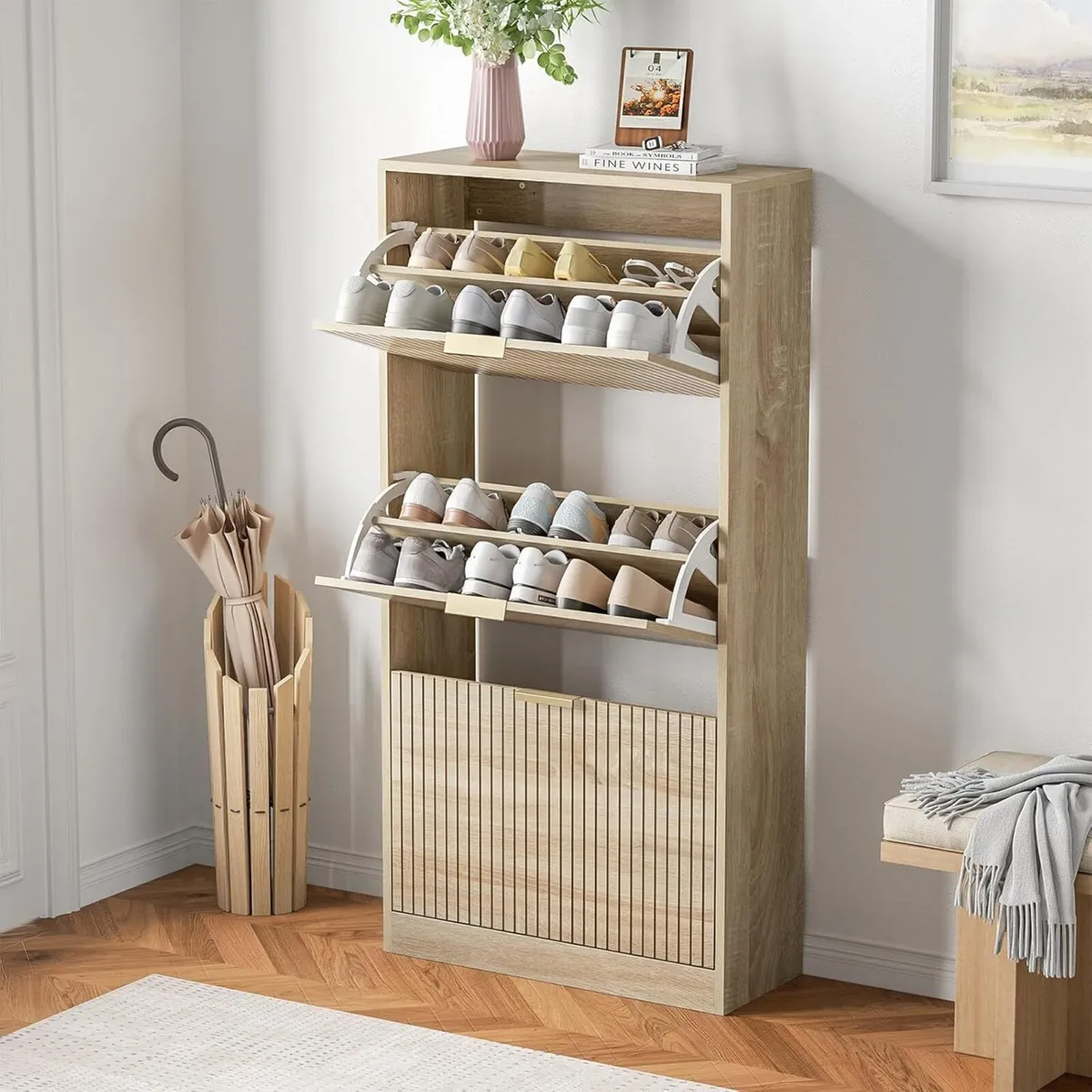 Wood Shoe Storage Cabinet with 3 Flip Drawers - Image 3