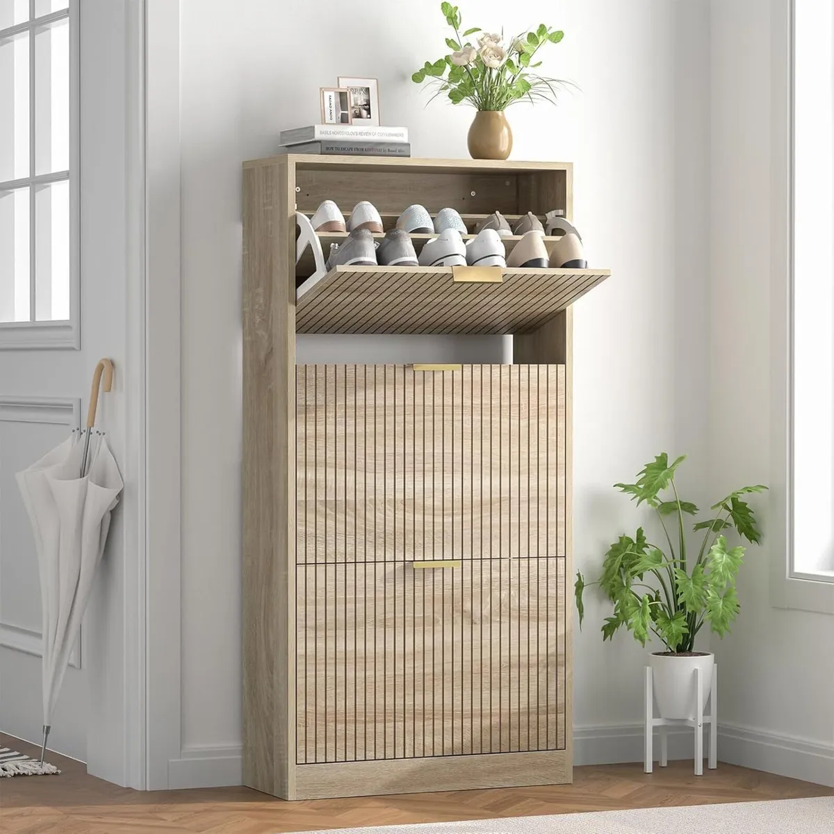 Wood Shoe Storage Cabinet with 3 Flip Drawers - Image 4
