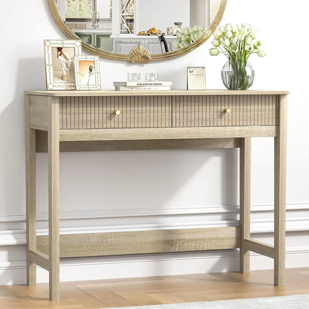 Fluted Writing Desk with Drawers 40 Inch Makeup - Image 1