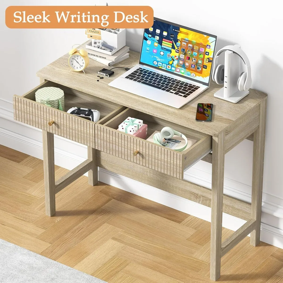 Fluted Writing Desk with Drawers 40 Inch Makeup - Image 3