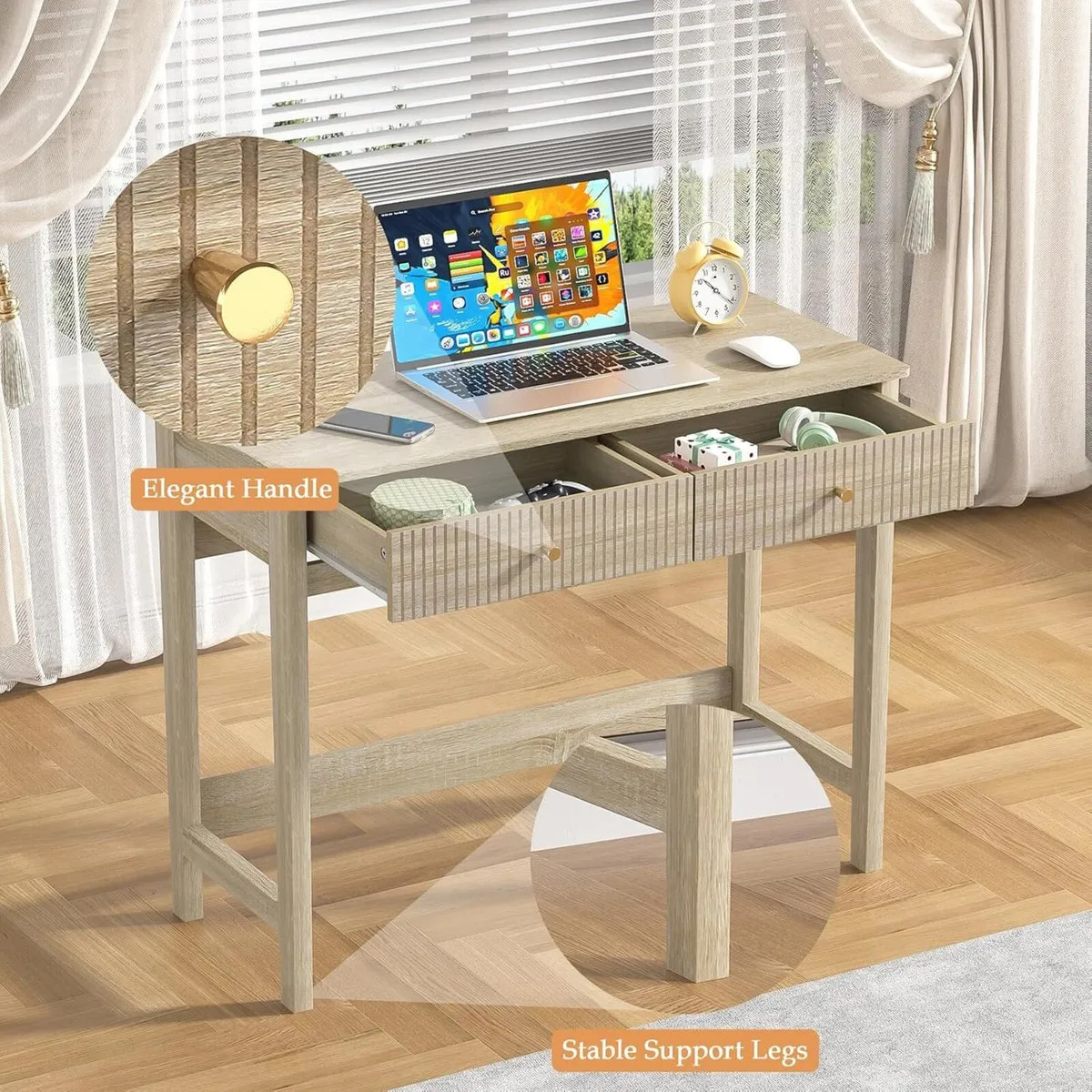 Fluted Writing Desk with Drawers 40 Inch Makeup - Image 4