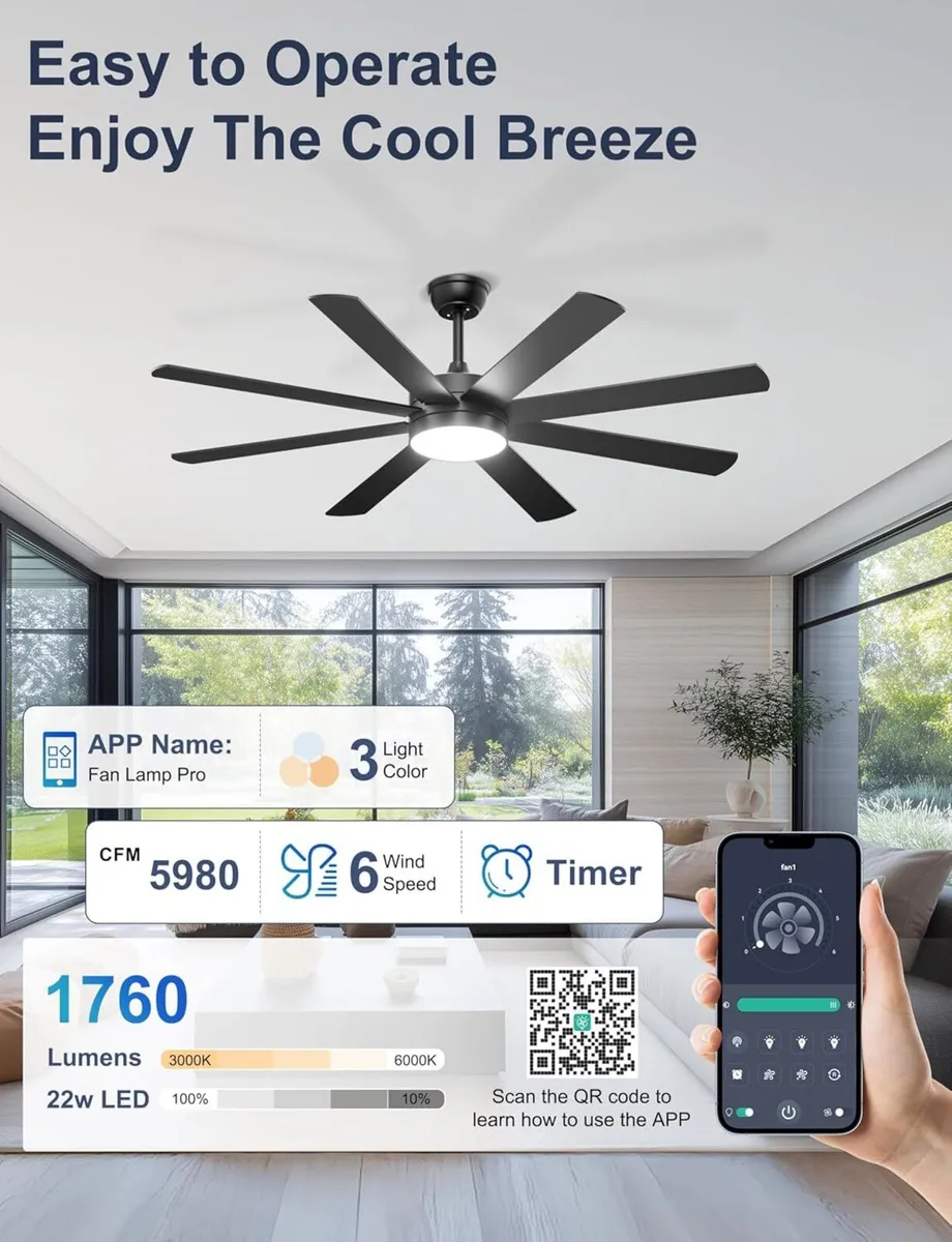 60'' Ceiling Fans with Lights Modern Fan Remote - Image 4