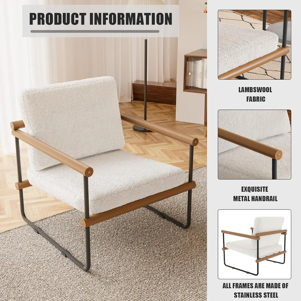 Boucle Fabric Accent Chair Modern Upholstered - Image 3