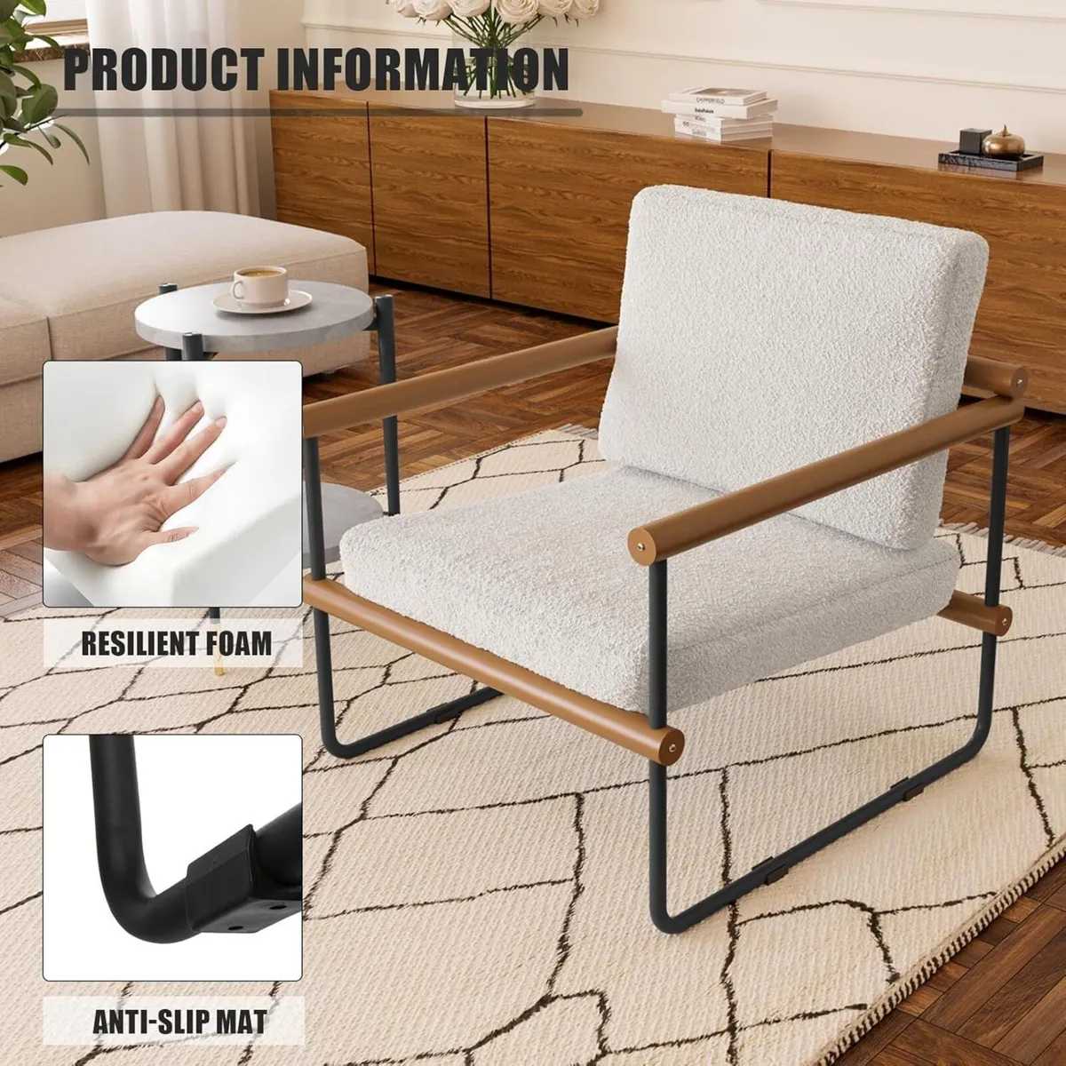 Boucle Fabric Accent Chair Modern Upholstered - Image 4