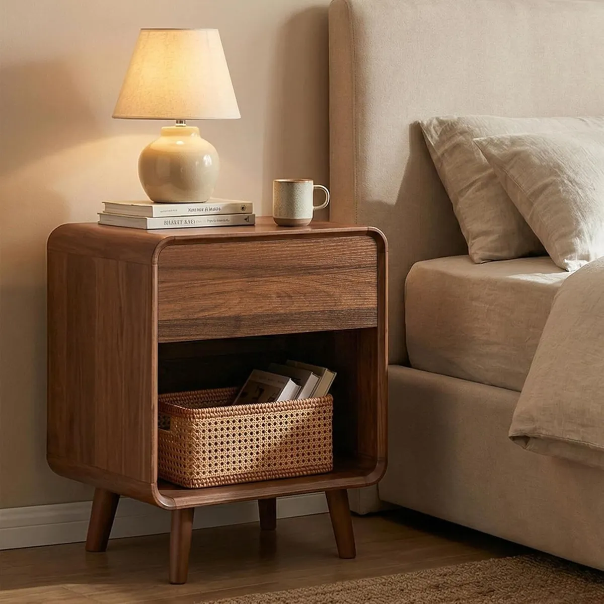 Bedside Table Bed Side for Bedroom with Rounded - Image 1