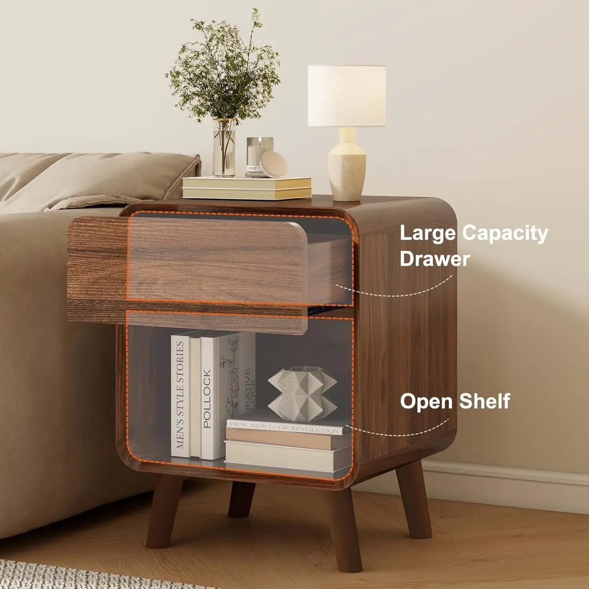 Bedside Table Bed Side for Bedroom with Rounded - Image 4