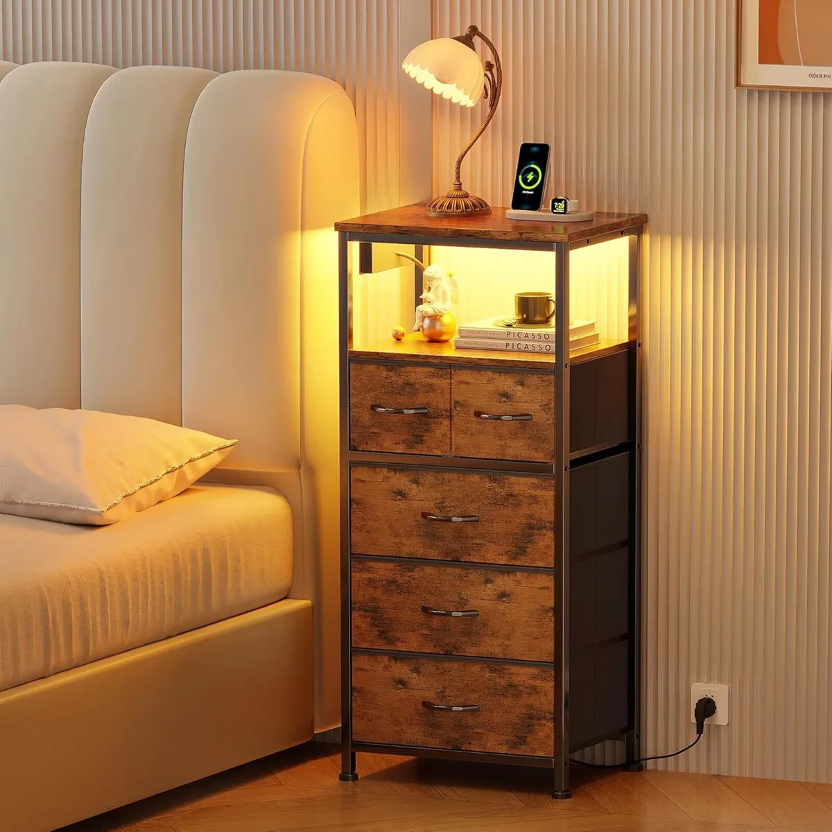 Bedside Table with LED Light and Charging Station - Image 2