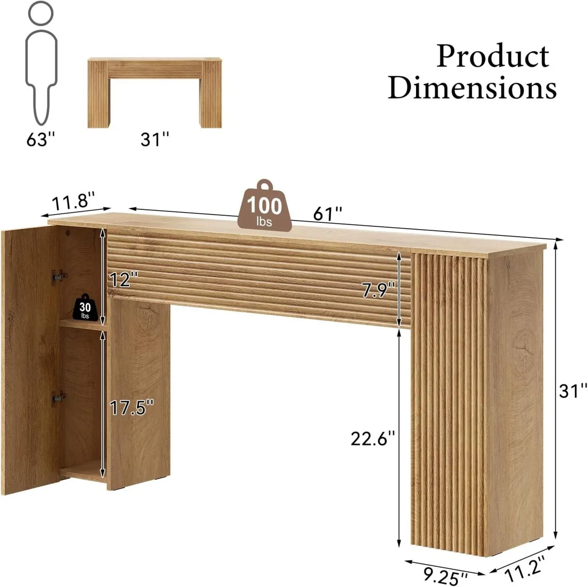 61'' Fluted Long Console Table Wooden Rectangular - Image 2