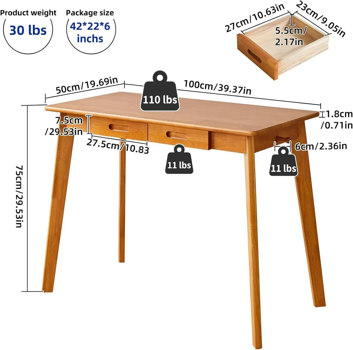 Aibiju Wood Writing Desk with Drawer and Hanging - Image 3