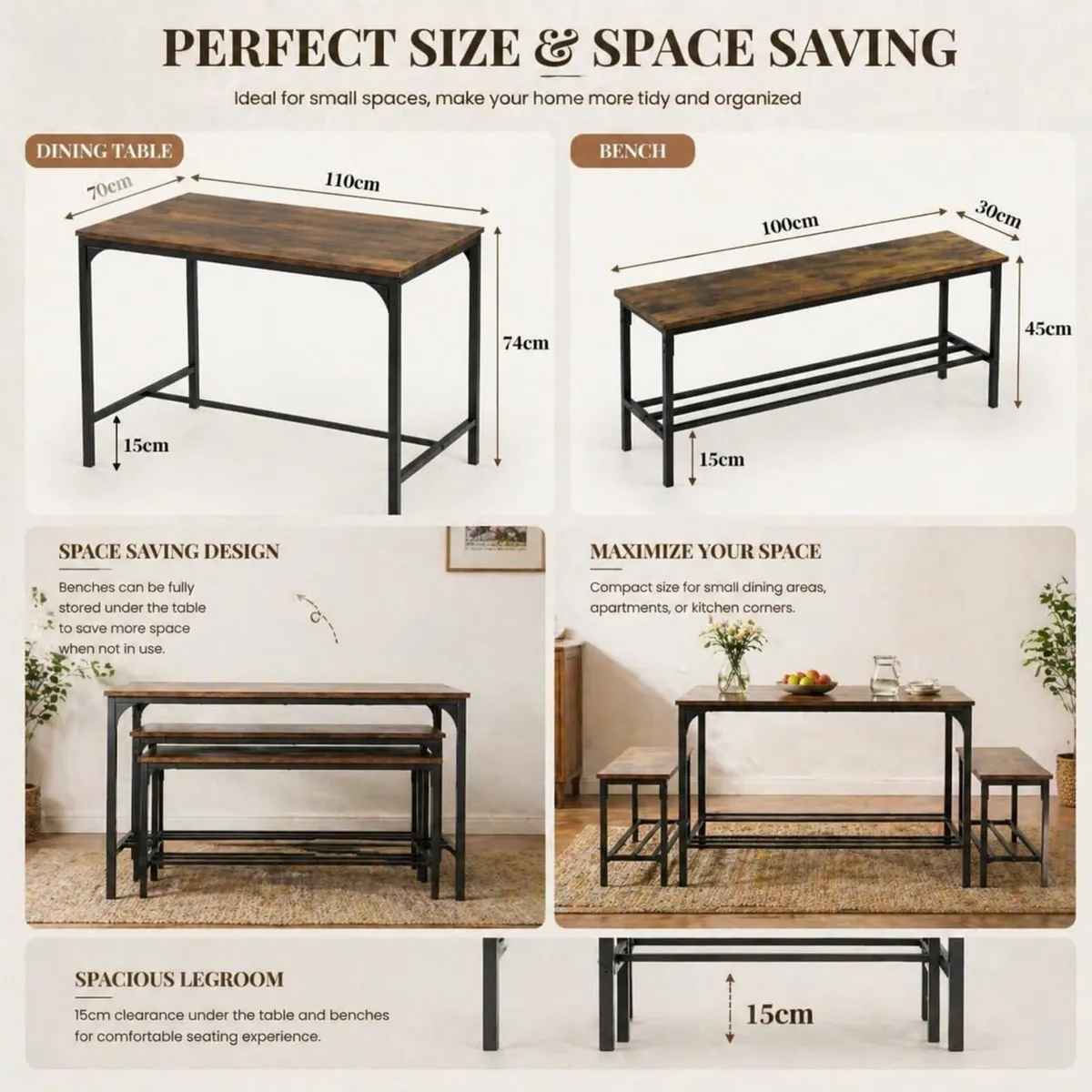 Dining Table with 2 Storage Benches Industrial Set - Image 2