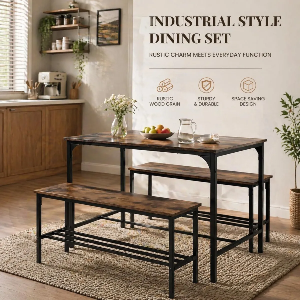 Dining Table with 2 Storage Benches Industrial Set - Image 3