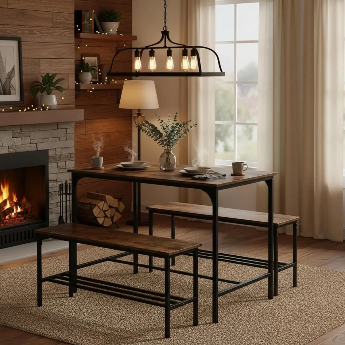 Dining Table with 2 Storage Benches Industrial Set - Image 1