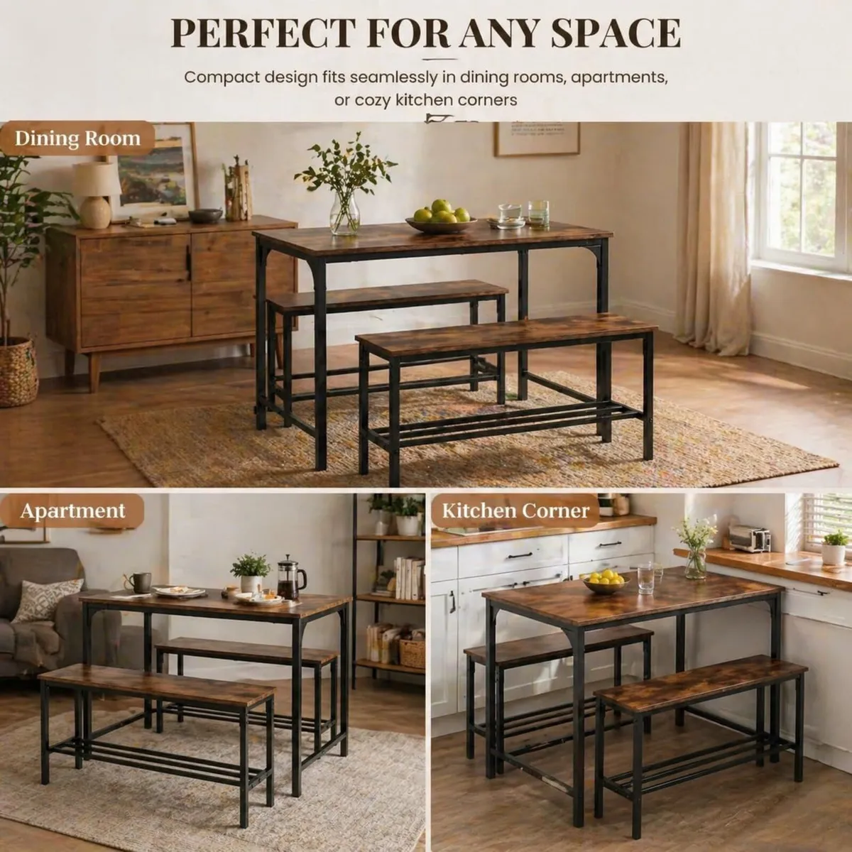 Dining Table with 2 Storage Benches Industrial Set - Image 4