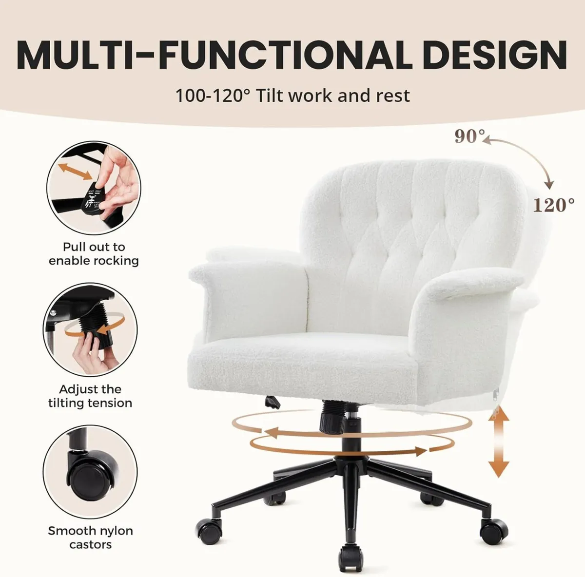 Office Chair for Home Teddy Fleece Wide Seat - Image 4