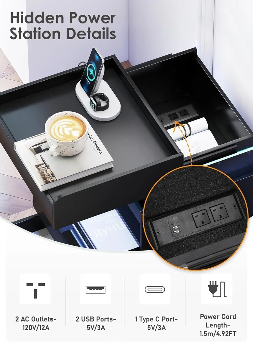 Bedside Table with Charging Station and LED Hidden - Image 3