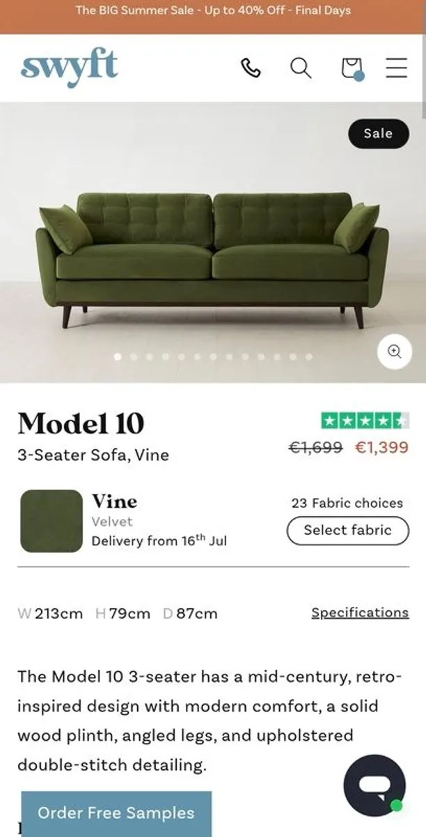 3  Seater Mid Century Style Sofa & Ottoman - Image 1