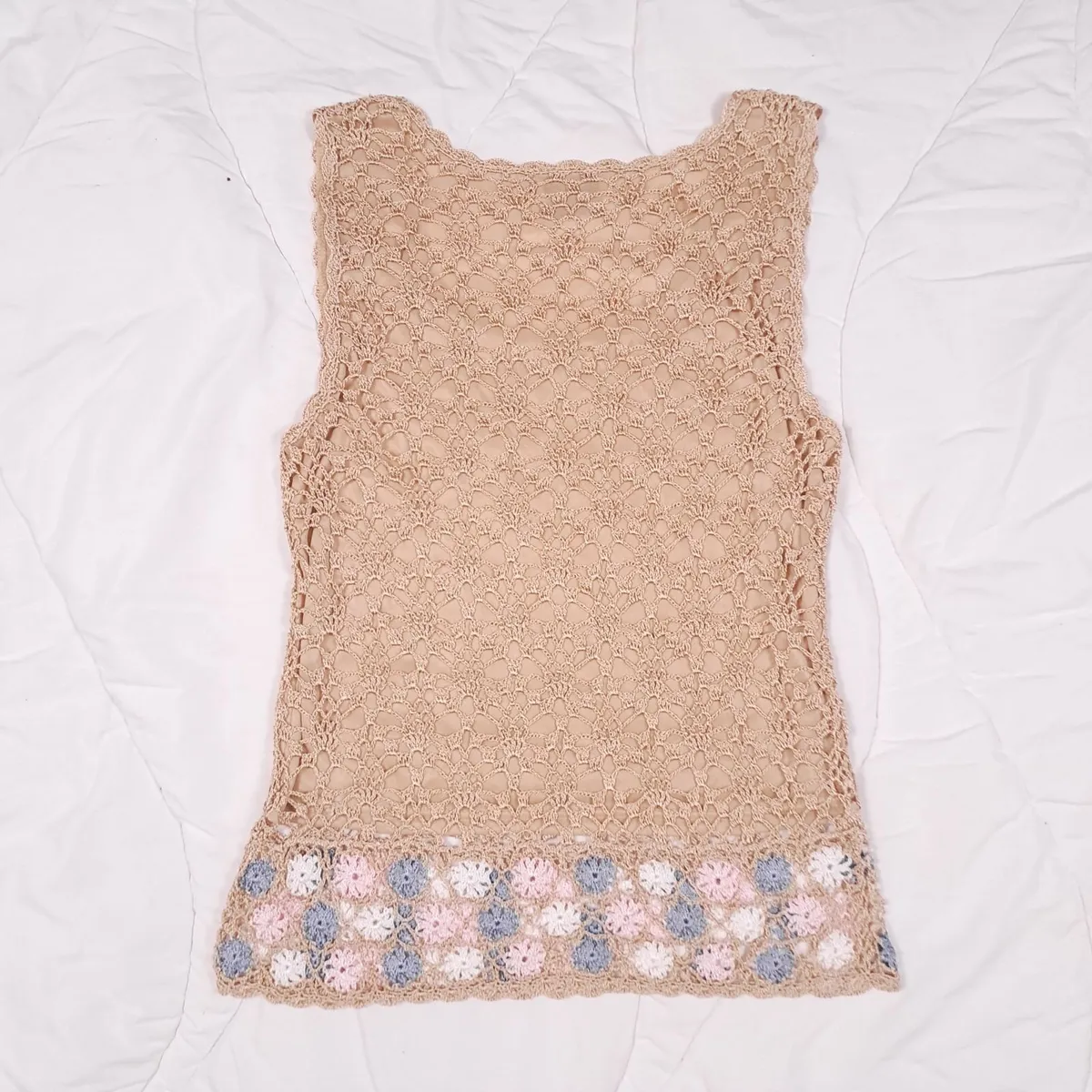 Woodland Beige Knit Handmade Floral Top XS/S - Image 2