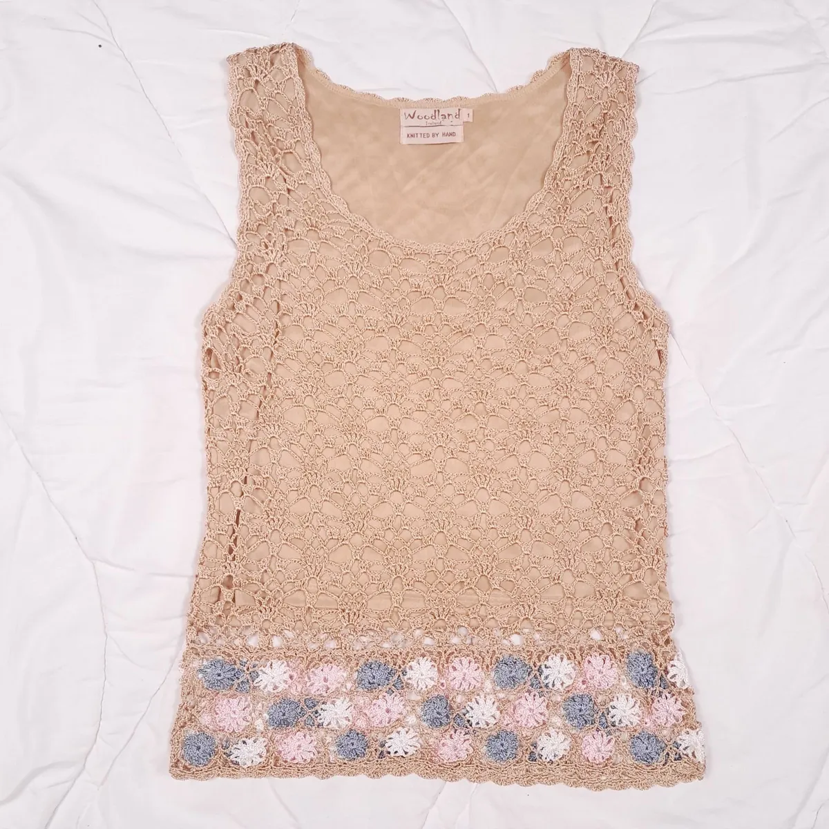 Woodland Beige Knit Handmade Floral Top XS/S - Image 1
